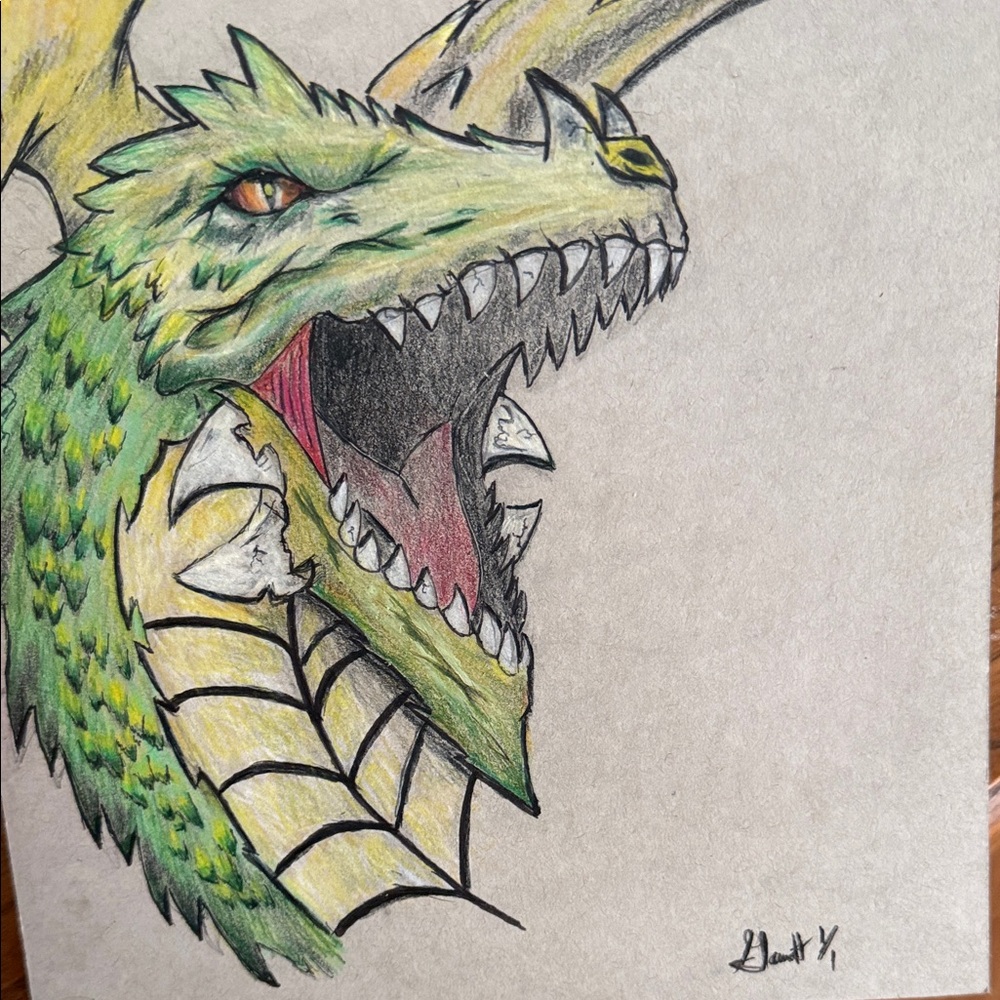 Hand Crafted Green and Yellow Dragon Illustration